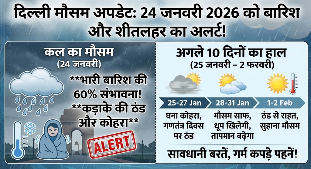 दिल्ली मौसम अपडेट: 24 जनवरी 2026 को भारी बारिश का अलर्ट? जानिए अगले 10 दिनों के मौसम का हाल और शीतलहर की चेतावनी