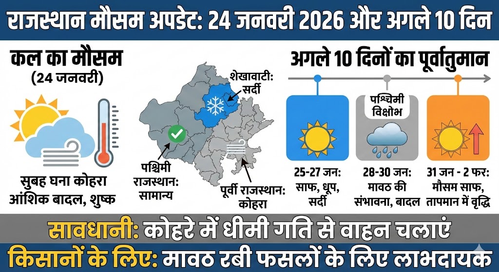 राजस्थान में कल का मौसम: 24 जनवरी 2026 को क्या होगी बारिश? जानिये अगले 10 दिनों के मौसम