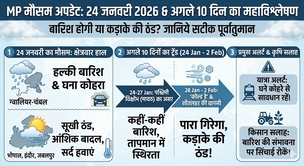 MP Weather Update 24 Jan 2026: कल होगी जोरदार बारिश या पड़ेगी कड़ाके की ठंड? अगले 10 दिन का मौसम अलर्ट