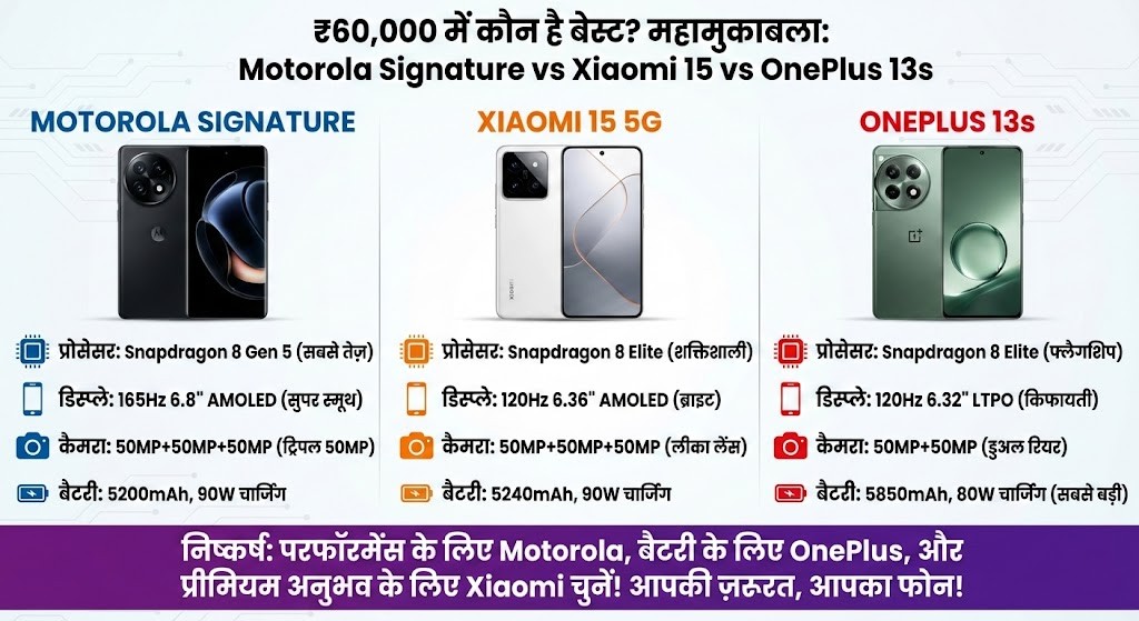 Motorola Signature vs Xiaomi 15 vs OnePlus 13s: ₹60,000 में कौन है बेस्ट?