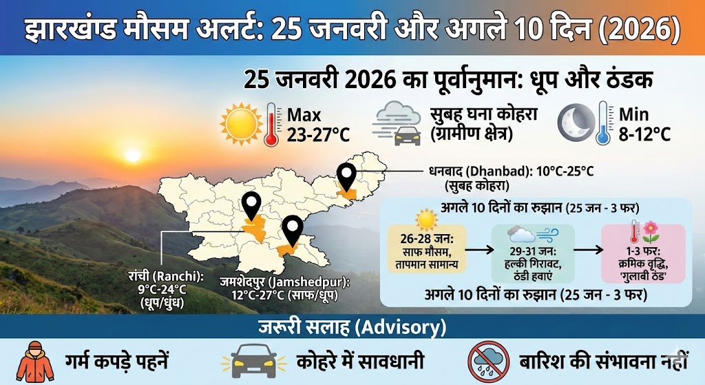 झारखंड में कल 25 जनवरी 2026 को भयंकर ठंड या मिलेगी राहत? जानिये अपने जिले का सटीक हाल और अगले 10 दिनों का मौसम