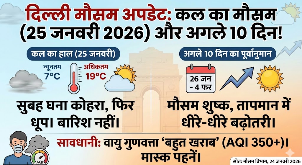 Delhi Weather Update: कल का मौसम (25 जनवरी 2026) होगा बेहद खतरनाक? जानिये 10 दिनों का सटीक हाल!