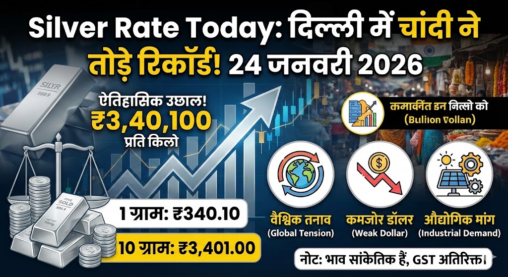 Silver Rate Today: चांदी ने तोड़े सारे रिकॉर्ड! दिल्ली में भाव ₹3,40,000 के पार – 24 जनवरी 2026 का ताजा रेट देखें
