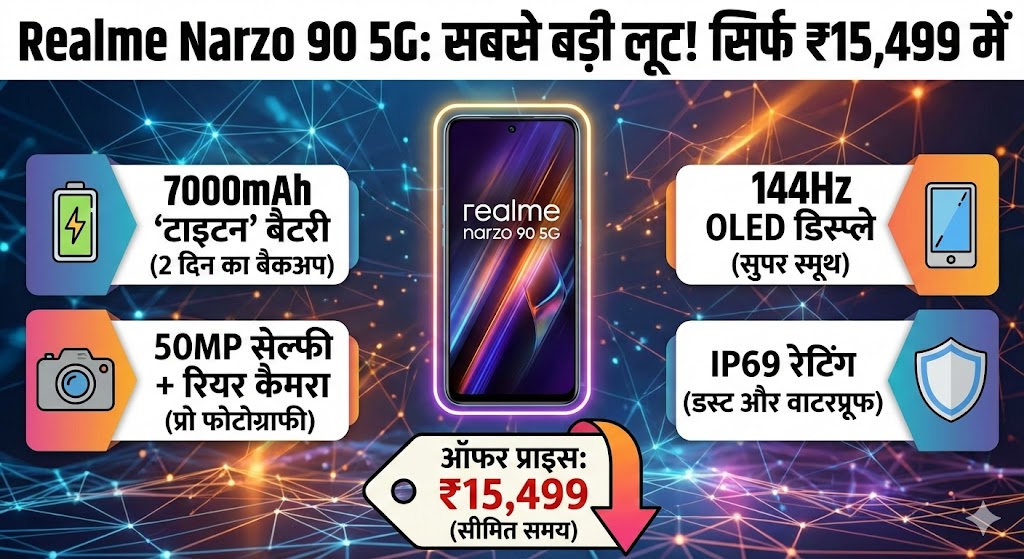 सिर्फ ₹15,499 में खरीदें 7000mAh बैटरी और 50MP कैमरा वाला Realme Narzo 90 5G - अमेज़न सेल!