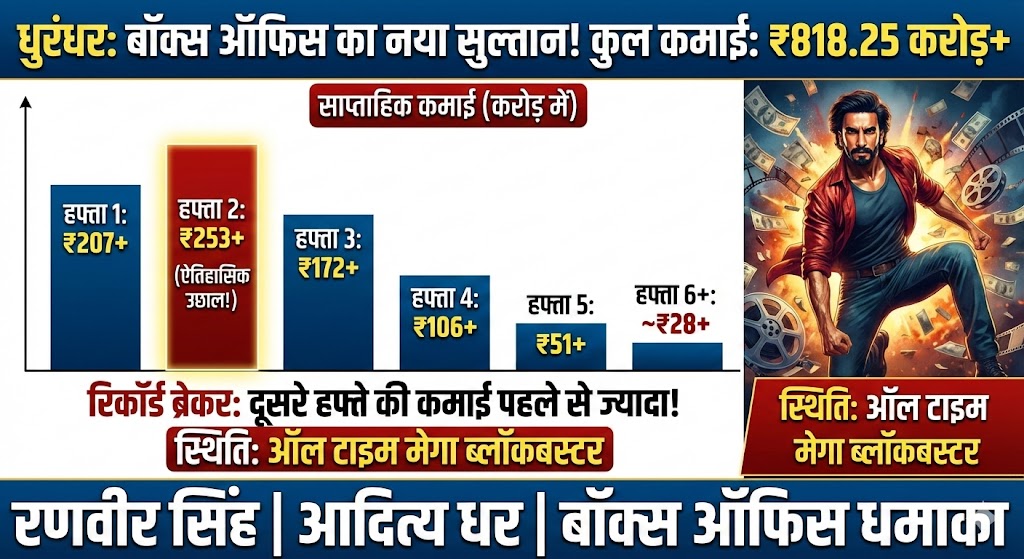 धुरंधर बॉक्स ऑफिस: 818 करोड़ की ऐतिहासिक कमाई! क्या अब थम जाएगा रणवीर सिंह का यह तूफान?