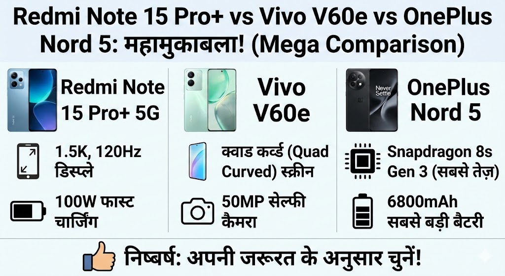 Redmi Note 15 Pro+ 5G vs Vivo V60e vs OnePlus Nord 5: 2026 का सबसे धाकड़ स्मार्टफोन कौन सा है? (Full Comparison)