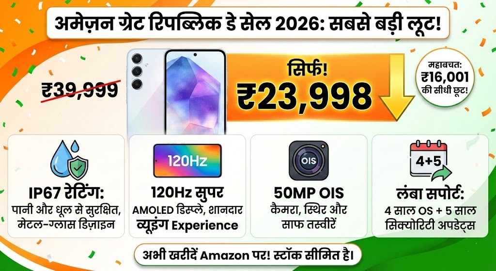 Samsung Galaxy A55 5G Price Drop: ₹40,000 का फोन अब ₹24,000 में! Amazon Sale की सबसे बड़ी लूट