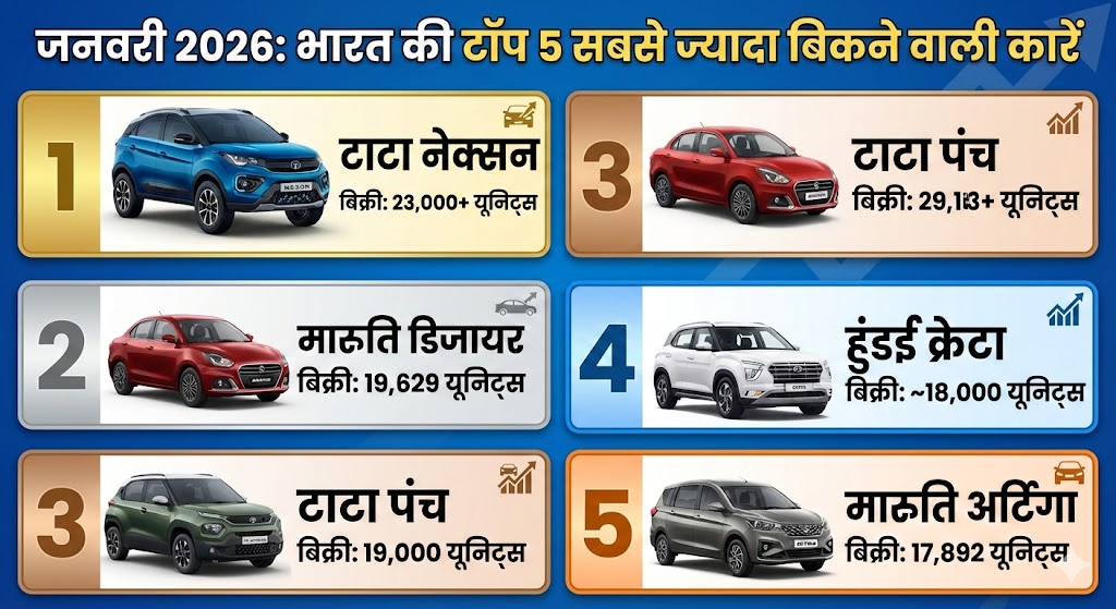 Top 5 Best Selling Cars in India January 2026: Tata Nexon ने तोड़ा रिकॉर्ड, Maruti और Hyundai की बोलती बंद?