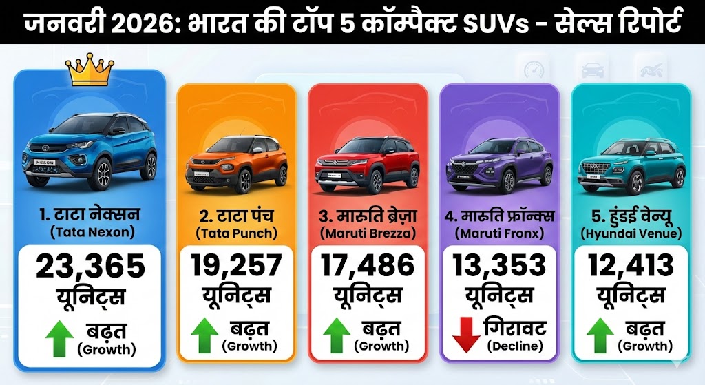 Top 5 Compact SUVs Jan 2026: Tata Nexon ने तोड़े रिकॉर्ड्स, Brezza और Punch भी रेस में!