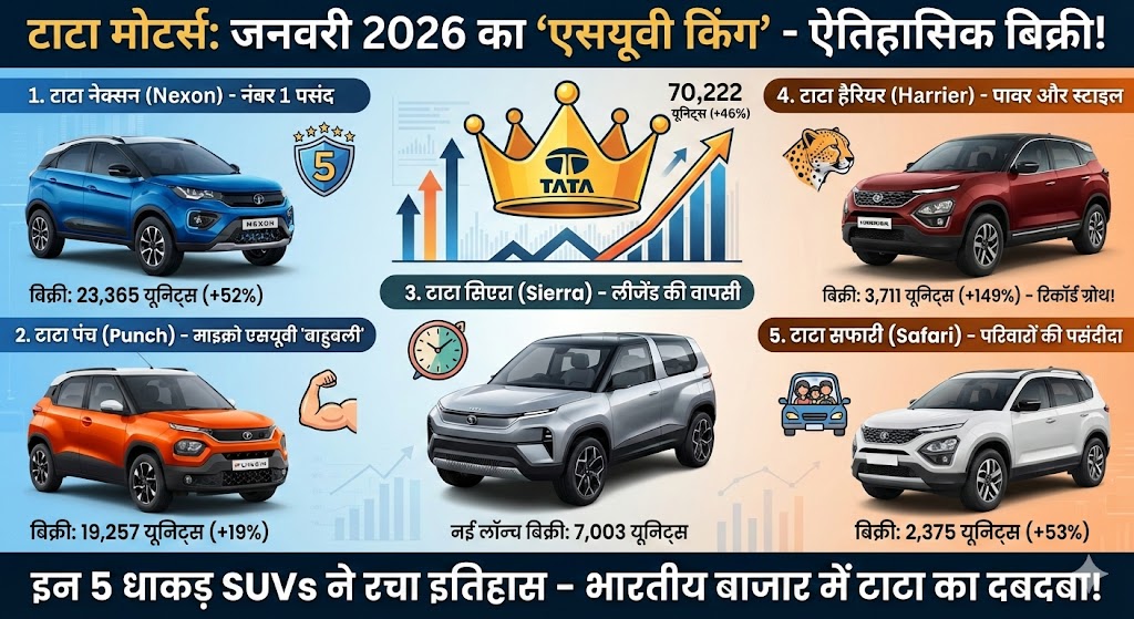 Tata Sales Jan 2026: Nexon और Punch ने तोड़े सारे रिकॉर्ड, इन 5 SUVs ने Tata को बनाया नंबर 1!