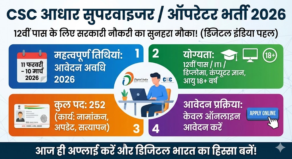 CSC Aadhaar Bharti 2026: 12वीं पास के लिए 252 पदों पर सीधी भर्ती, अभी करें Apply!