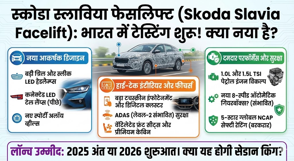 Skoda Slavia Facelift Spotted 2025: नए डिजाइन और ADAS फीचर्स के साथ भारत में टेस्टिंग शुरू - जानिए कीमत और लॉन्च डेट