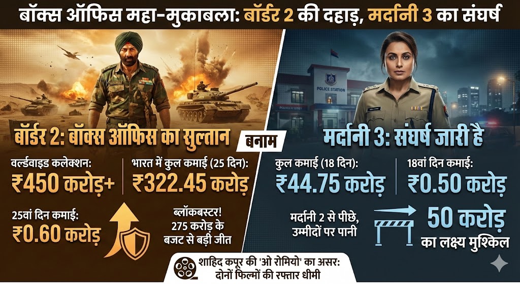 Border 2 Vs Mardaani 3 Box Office: सनी देओल की 'दहाड़' के आगे रानी मुखर्जी का 'संघर्ष', जानें 25वें दिन का हाल