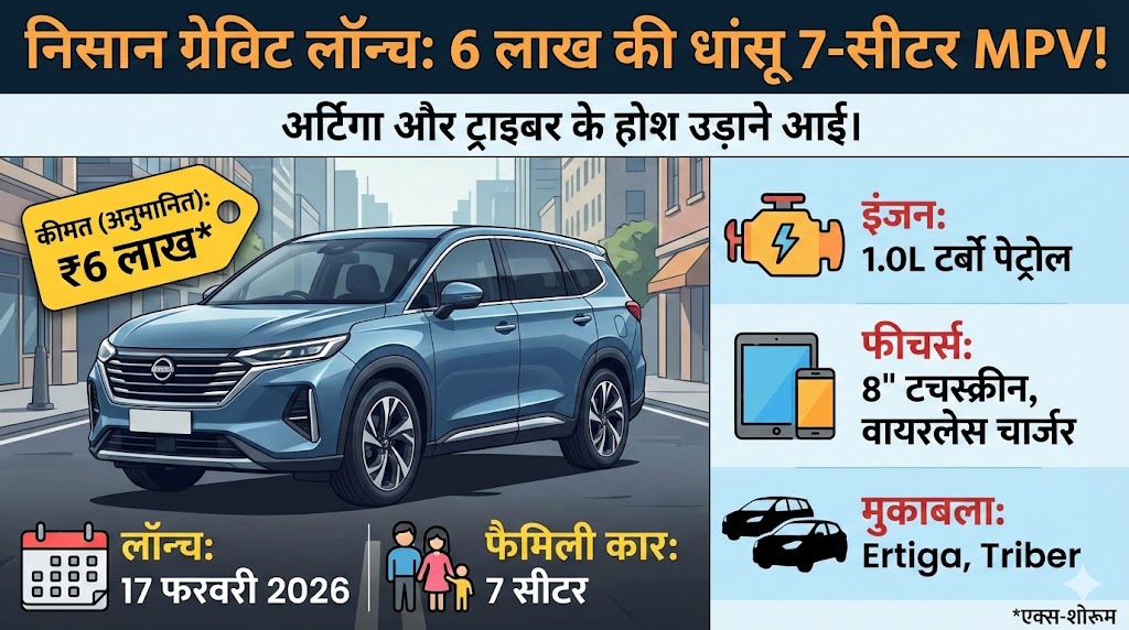 Nissan Gravite Launch 2026: सिर्फ 6 लाख में 7-सीटर! Triber और Ertiga की छुट्टी करने आई यह कार