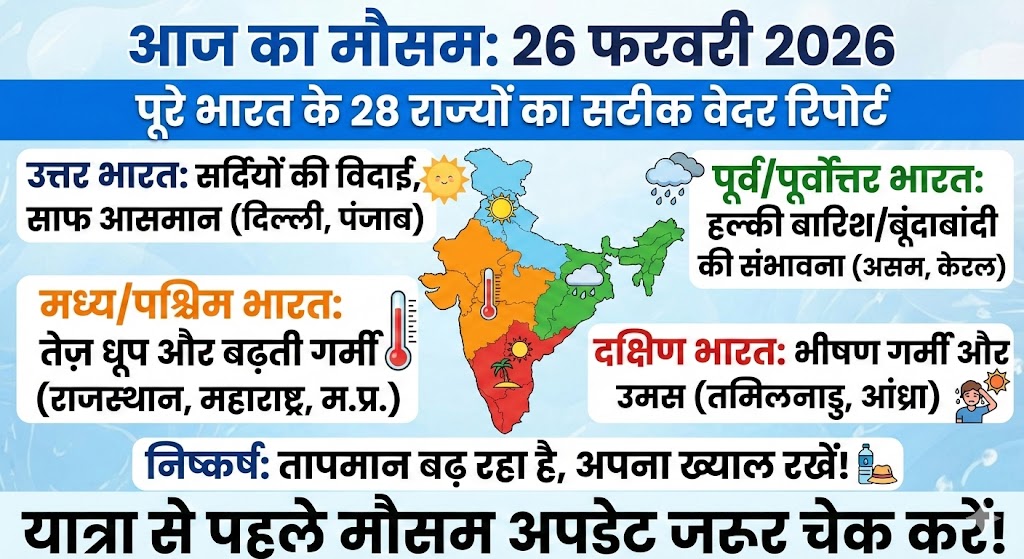 आज का मौसम 26 फरवरी 2026: पूरे भारत के सभी 28 राज्यों का सटीक लाइव वेदर रिपोर्ट