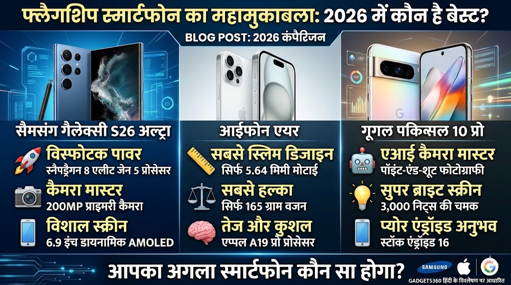 सैमसंग गैलेक्सी S26 अल्ट्रा, आईफोन एयर या गूगल पिक्सल 10 प्रो: 2026 का असली फ्लैगशिप किंग कौन?