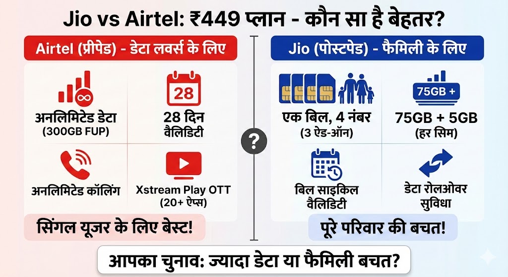 Jio vs Airtel: ₹449 Family Recharge Plan Comparison - 2026 में किसका ऑफर है बेस्ट?