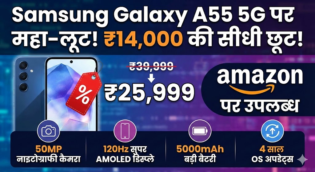 Samsung Galaxy A55 5G की कीमत में भारी गिरावट! ₹14,000 सस्ता हुआ यह प्रीमियम फोन, Amazon पर मची लूट