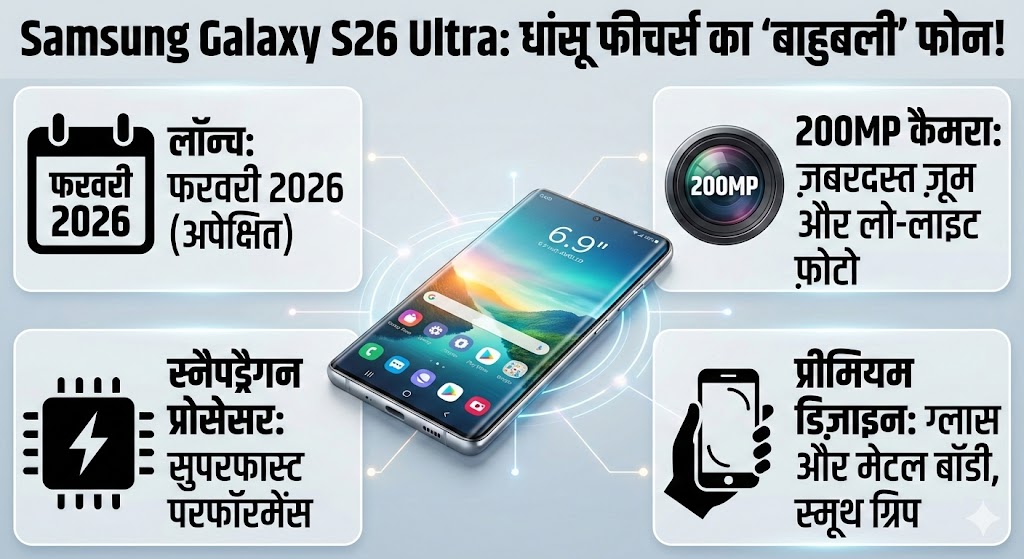 Samsung Galaxy S26 Ultra: 200MP कैमरा और 6.9 इंच डिस्प्ले के साथ आ रहा है ये 'बाहुबली' फोन! जानें कीमत और लॉन्च डेट