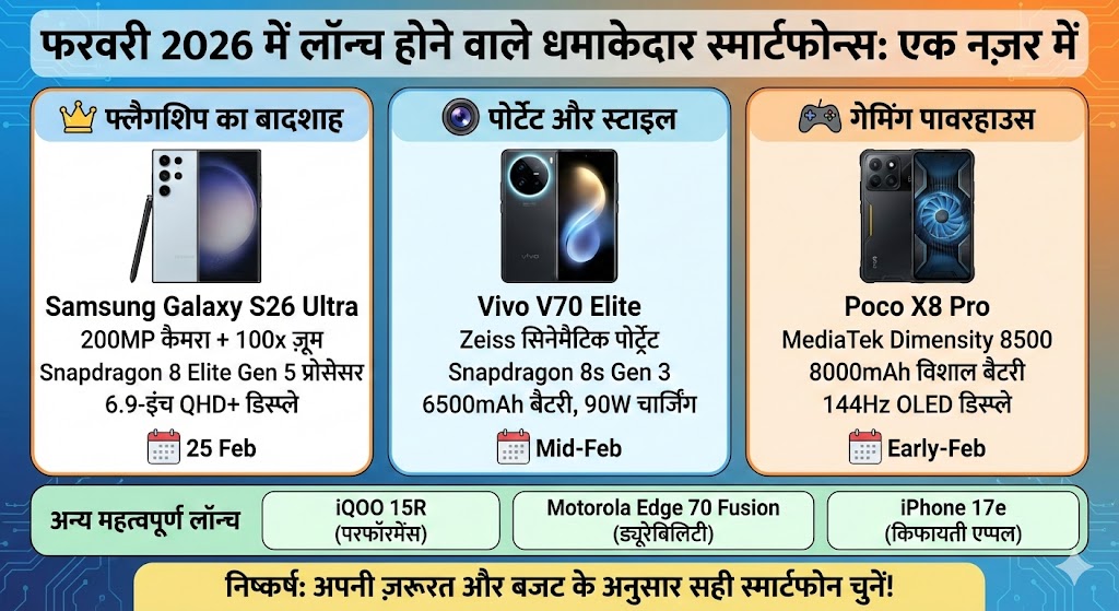 February 2026 Smartphone Launches: Samsung S26, Vivo V70 और Poco X8 Pro मचाएंगे धूम - देखें पूरी लिस्ट और फीचर्स