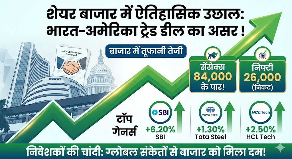 Sensex 84k पार! India-US Deal से बाजार में तूफानी तेजी, SBI और Tata Steel ने तोड़े रिकॉर्ड