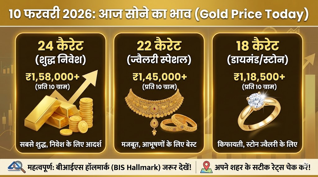 10 फरवरी 2026: आज सोने का भाव (Gold Price) देख हैरान हो जाएंगे आप! जानें 24K, 22K के ताजा रेट्स