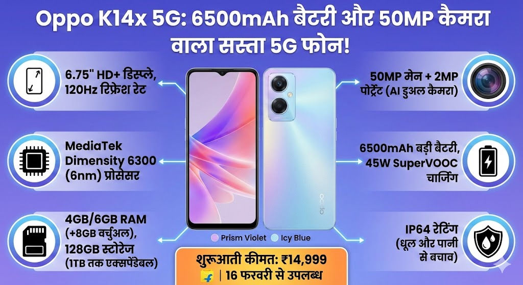 Oppo K14x 5G Launch: 6500mAh बैटरी, 50MP कैमरा और ₹14999 कीमत - अभी देखें!