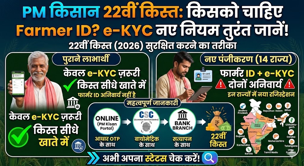 पीएम किसान 22वीं किस्त अपडेट: 14 राज्यों में Farmer ID अनिवार्य, जानिए e-KYC के नए नियम