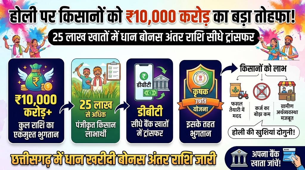 होली पर 10 हजार करोड़ का धमाका: 25 लाख किसानों के खातों में धान बोनस अंतर राशि ट्रांसफर