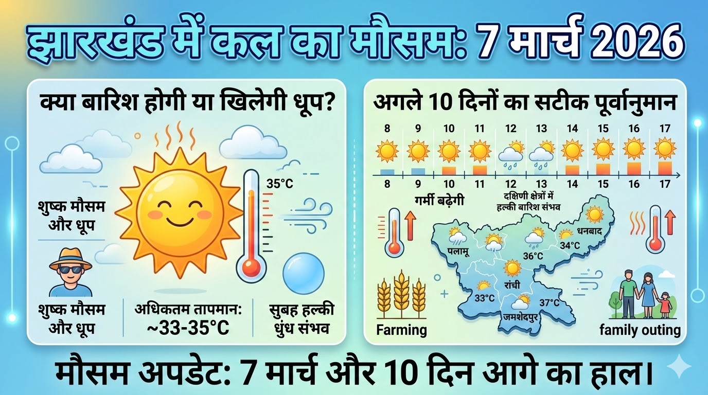 झारखंड में कल का मौसम: 7 मार्च 2026 को क्या बारिश होगी या खिलेगी धूप? जानें अगले 10 दिनों का सटीक पूर्वानुमान