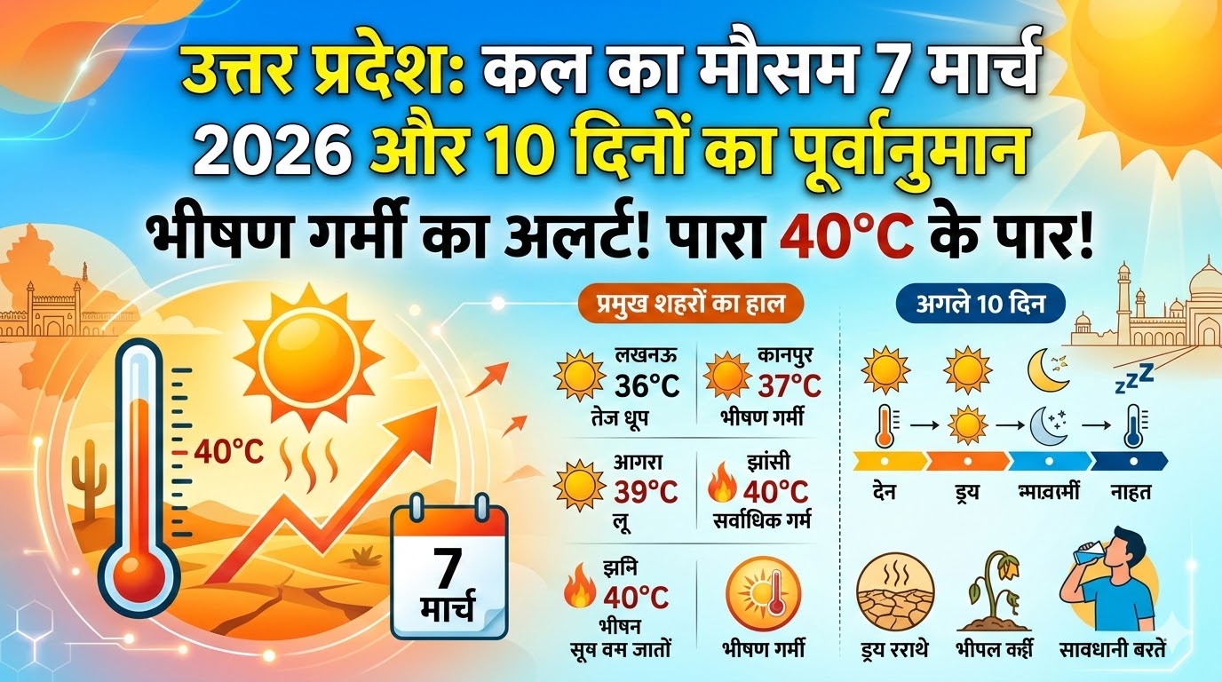 कल का मौसम 7 मार्च 2026: उत्तर प्रदेश में भीषण गर्मी का अलर्ट, पारा 40 डिग्री के पार, जानें अगले 10 दिनों का हाल