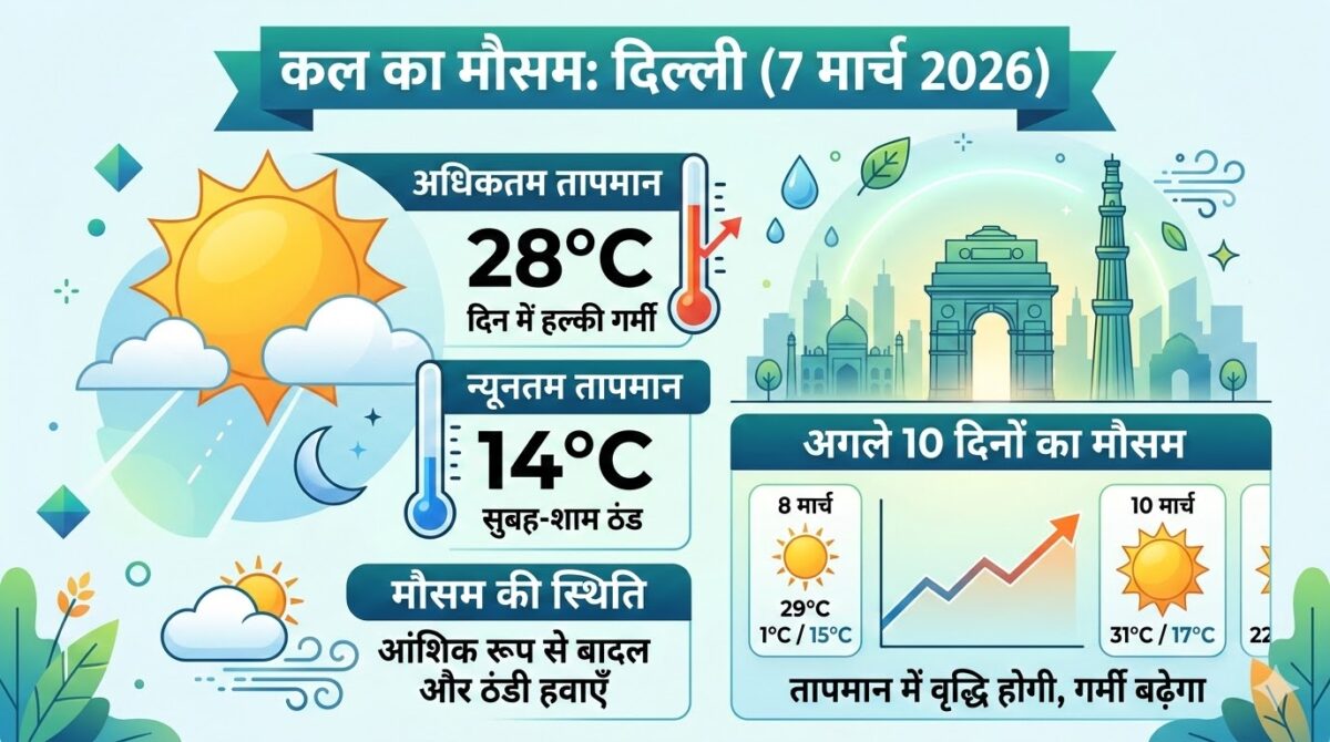 कल का मौसम 7 मार्च 2026: दिल्ली में बारिश या धूप? जानें अगले 10 दिनों का Weather Forecast