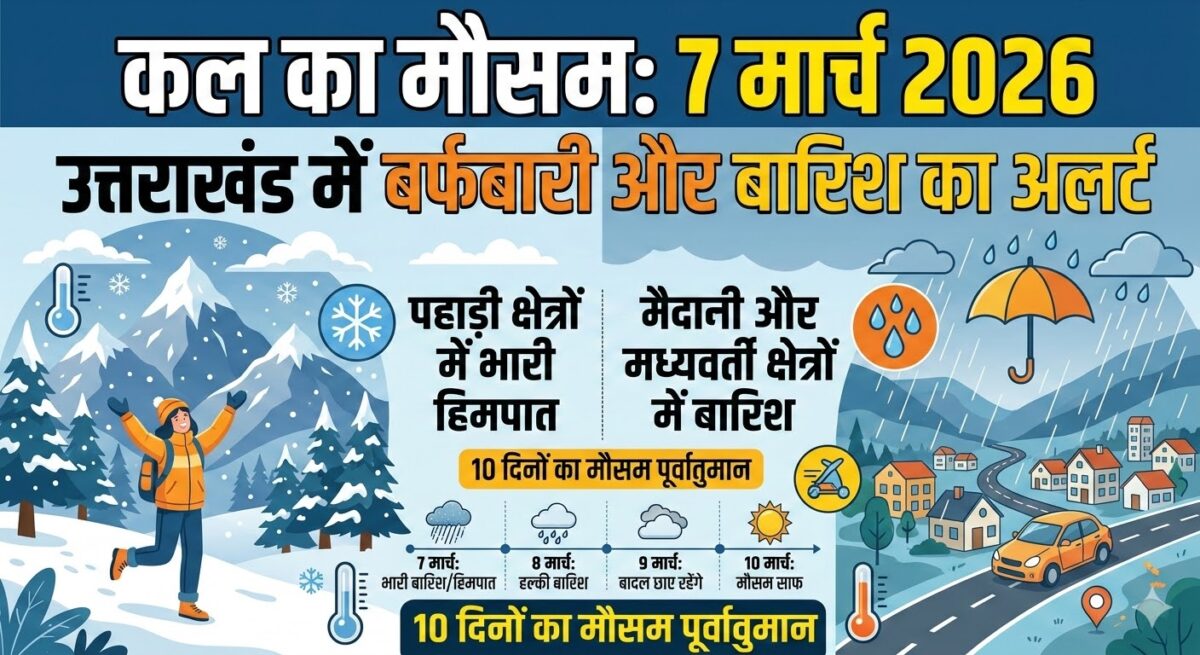 कल का मौसम 7 मार्च 2026: उत्तराखंड में भारी बारिश और बर्फबारी का अलर्ट, देखें 10 दिनों का Weather Forecast