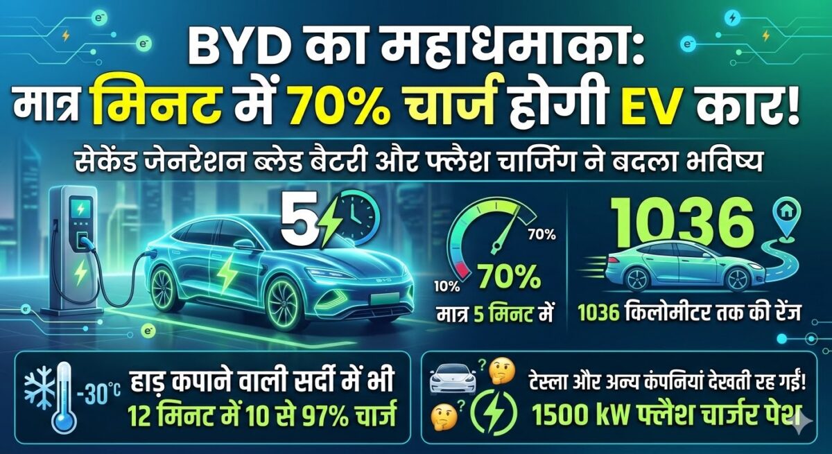 BYD का महाधमाका: मात्र 5 मिनट में 70% चार्ज होगी इलेक्ट्रिक कार, टेस्ला की उड़ी नींद!