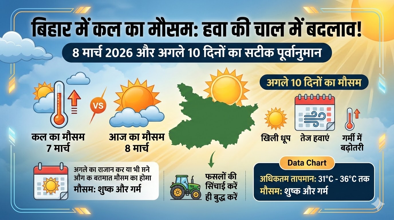 बिहार में कल का मौसम: क्या फिर बदलेगी हवा की चाल? जानें 8 मार्च 2026 और अगले 10 दिनों का सटीक पूर्वानुमान