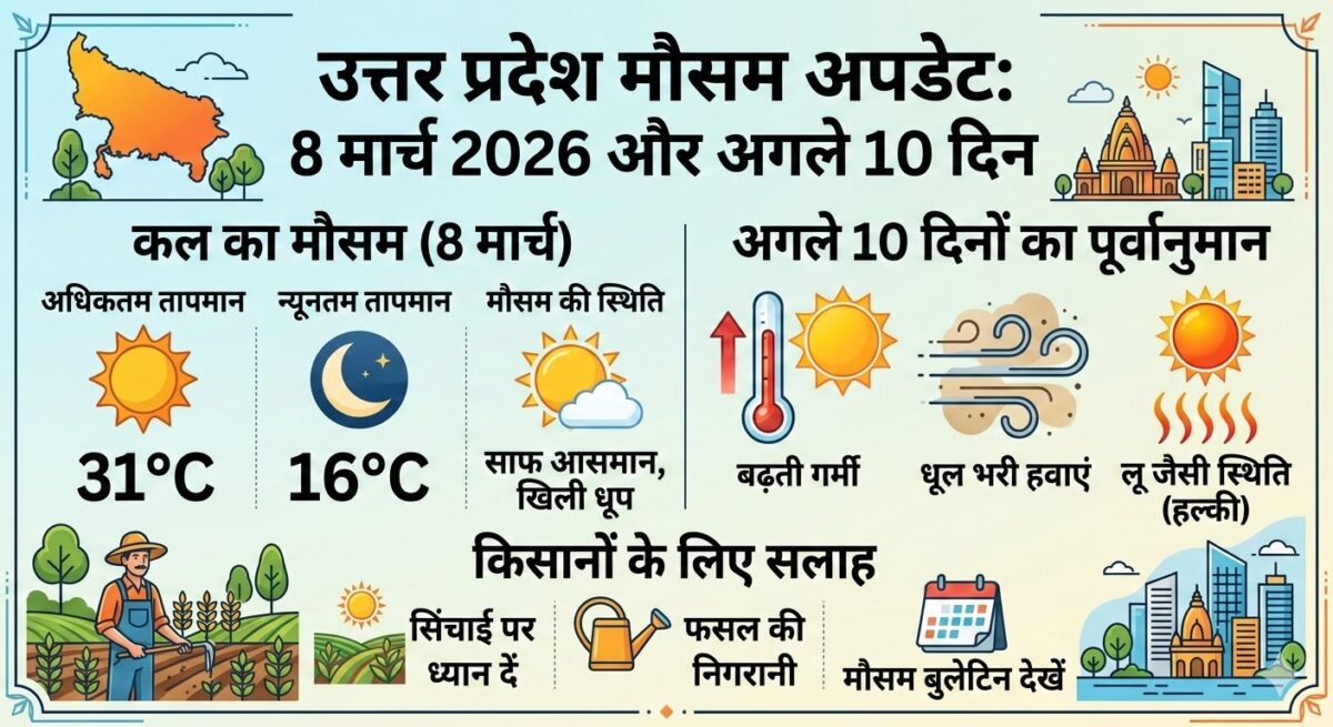 कल का मौसम 8 मार्च 2026: उत्तर प्रदेश में भीषण गर्मी की शुरुआत? जानें 10 दिनों का सटीक पूर्वानुमान!
