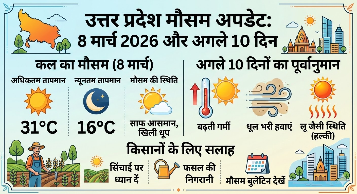 कल का मौसम 8 मार्च 2026: उत्तर प्रदेश में भीषण गर्मी की शुरुआत? जानें 10 दिनों का सटीक पूर्वानुमान!