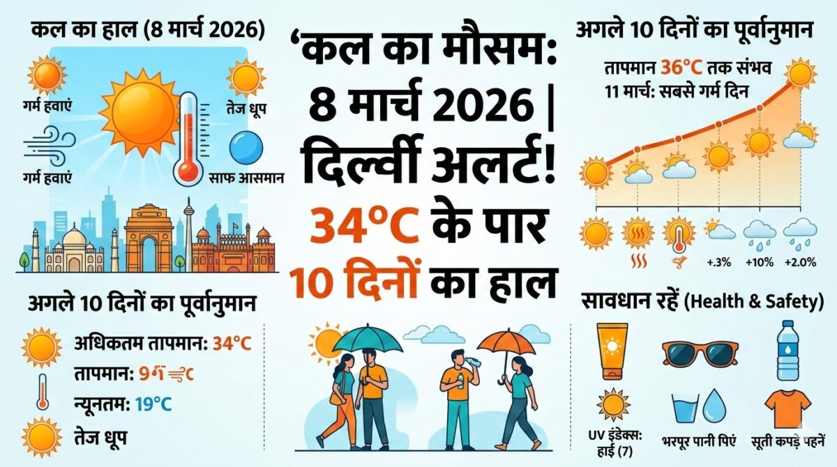 कल का मौसम 8 मार्च 2026: दिल्ली में पारा पहुँचा 34°C के पार, क्या अब शुरू होगी 'मई' वाली गर्मी?