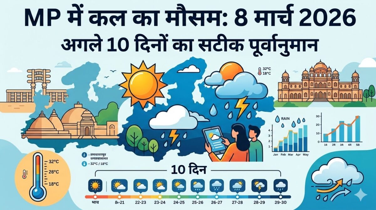 MP में कल का मौसम: 8 मार्च 2026 को मध्य प्रदेश के इन जिलों में होगी भारी बारिश? जानिए अगले 10 दिनों का सटीक पूर्वानुमान