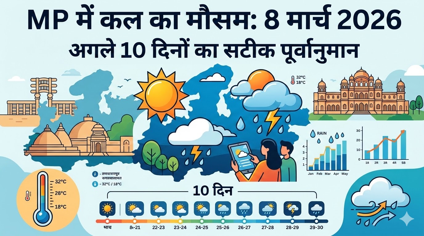 MP में कल का मौसम: 8 मार्च 2026 को मध्य प्रदेश के इन जिलों में होगी भारी बारिश? जानिए अगले 10 दिनों का सटीक पूर्वानुमान