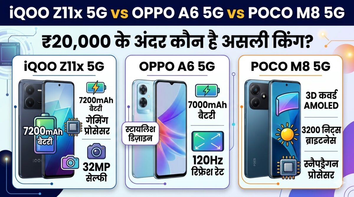 iQOO Z11x 5G vs Oppo A6 5G vs Poco M8 5G: ₹20,000 में सबसे धाकड़ फोन कौन? फीचर्स देख उड़ जाएंगे होश!