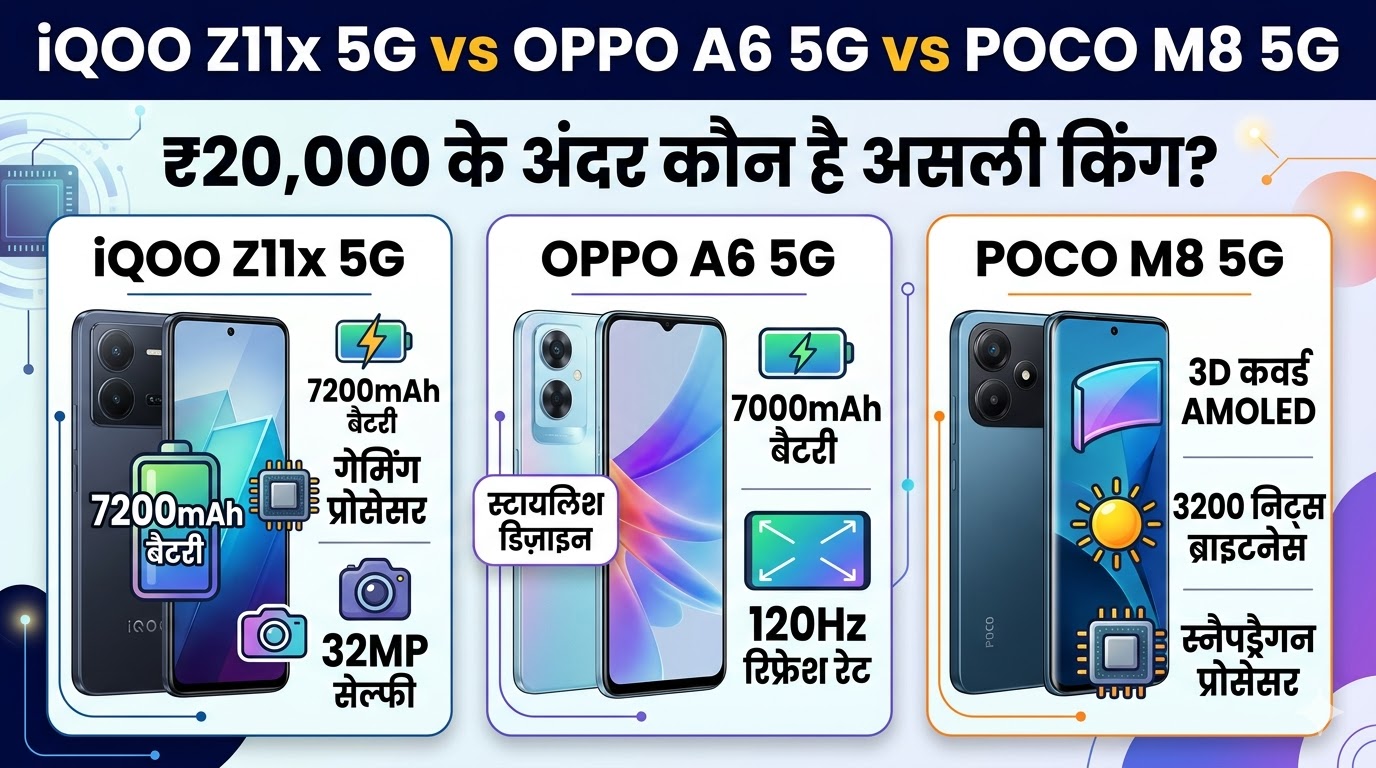 iQOO Z11x 5G vs Oppo A6 5G vs Poco M8 5G: ₹20,000 में सबसे धाकड़ फोन कौन? फीचर्स देख उड़ जाएंगे होश!