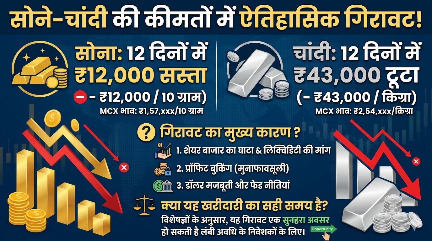 Gold Silver Price Crash: सोने में ₹12,000 और चांदी में ₹43,000 की ऐतिहासिक गिरावट! जानें खरीदने का सही समय या अभी और गिरेगा भाव?