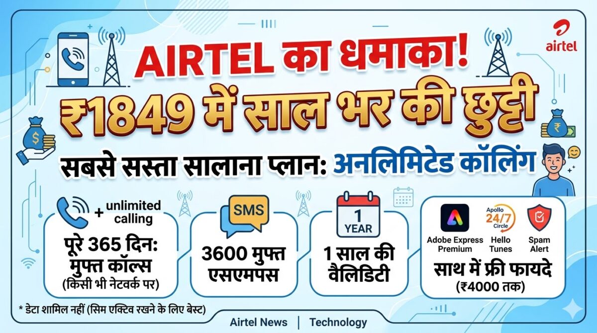 Airtel का सबसे सस्ता धमाका: ₹1849 में साल भर की छुट्टी, अनलिमिटेड कॉलिंग के साथ मिलेंगे ये जादुई फायदे