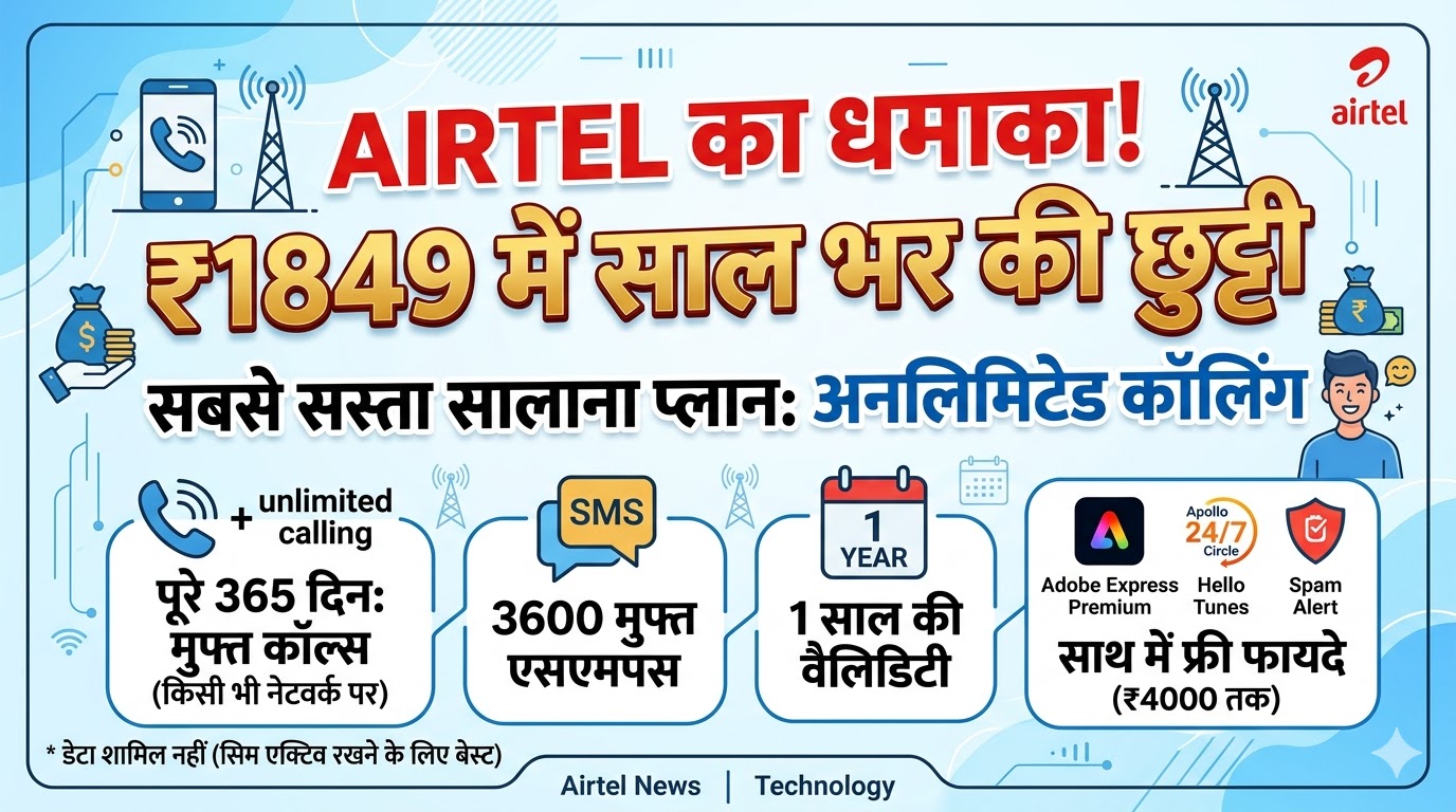 Airtel का सबसे सस्ता धमाका: ₹1849 में साल भर की छुट्टी, अनलिमिटेड कॉलिंग के साथ मिलेंगे ये जादुई फायदे