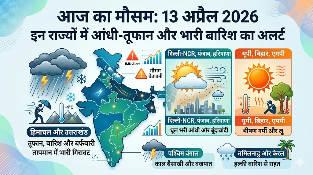आज का मौसम 13 अप्रैल 2026: 11 राज्यों में भारी बारिश और आंधी का अलर्ट, देखें अपने शहर का हाल!