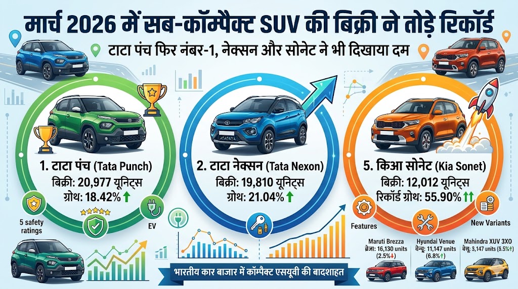 टाटा पंच ने फिर गाड़ा झंडा! मार्च 2026 में बनी नंबर-1 SUV, ब्रेजा और वेन्यू रह गए पीछे - पूरी सेल्स रिपोर्ट