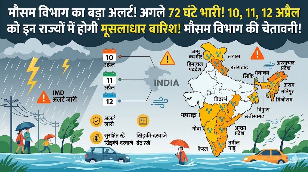 Weather Update: 10, 11, 12 अप्रैल को भारी बारिश का महा-अलर्ट! इन राज्यों में मूसलाधार बारिश और आंधी की चेतावनी, देखें लिस्ट