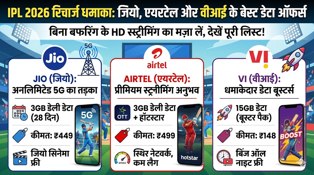 IPL 2026 Recharge Plans: Jio, Airtel और Vi के सबसे सस्ते डेटा प्लान्स, अब बिना रुके देखें हर मैच!