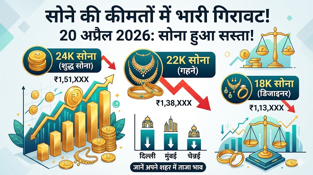सोने के दाम गिरे! Gold Price Today 20 April 2026: जानें आपके शहर में 22K और 24K सोने का ताजा भाव